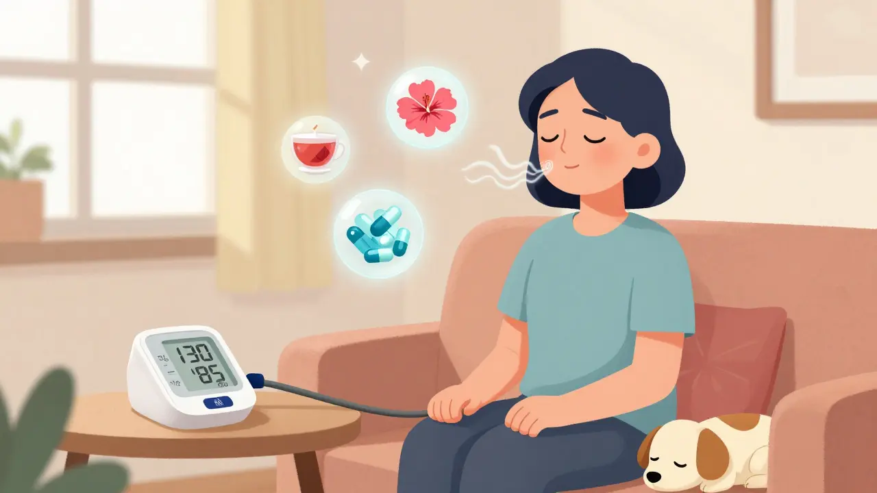 Person meditating with calming breath lines and natural supplements floating above, peaceful home setting.