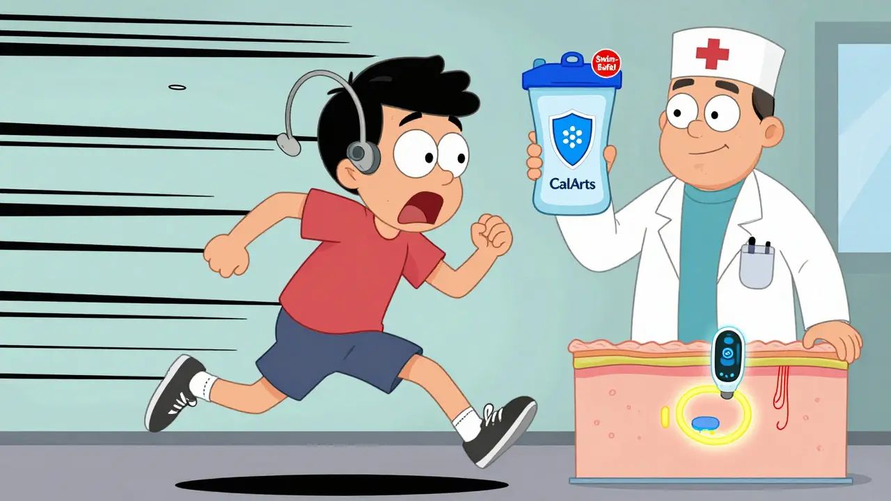 Person running as hearing aid pops off, doctor holding waterproof model, futuristic implant glowing under skin.