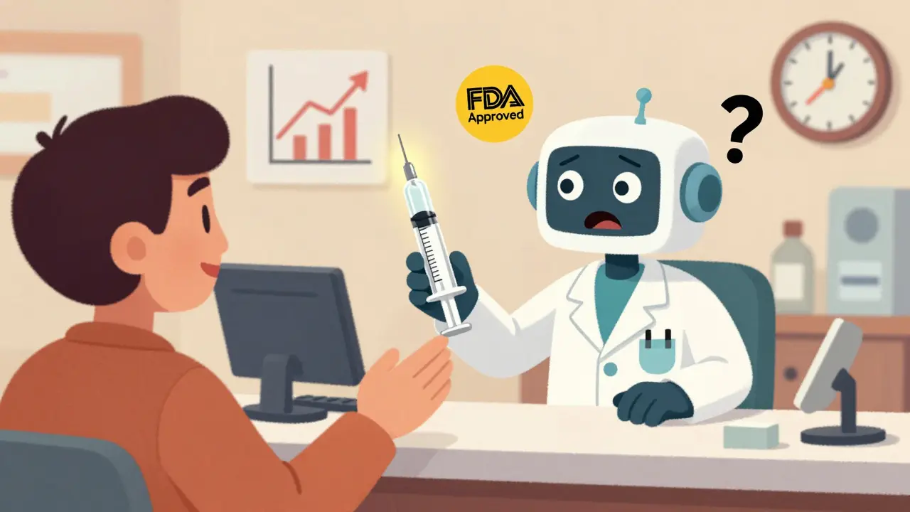 Pharmacist giving a generic syringe to a patient with FDA badge glowing