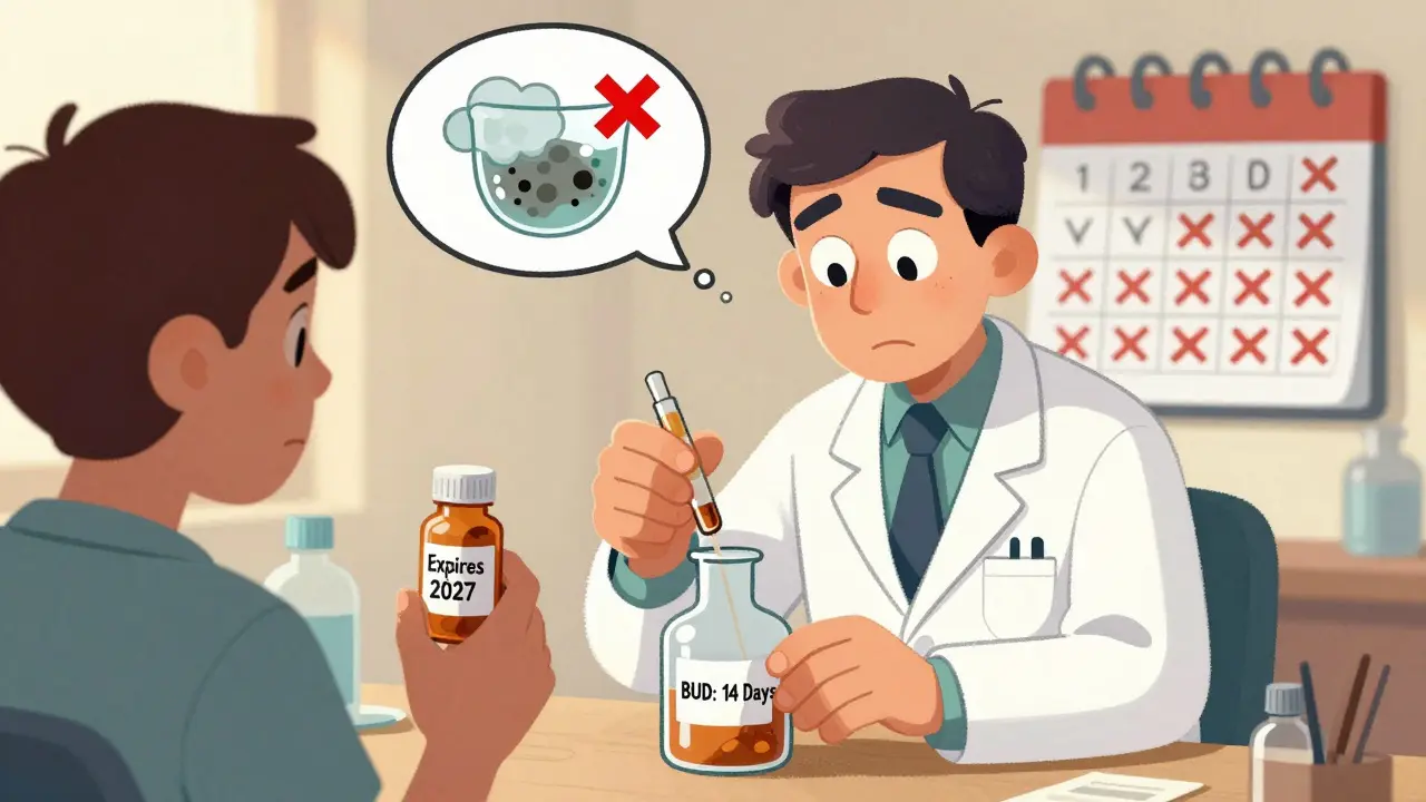 Pharmacist mixing compounded liquid as patient watches with concern, thought bubble shows contaminated medicine and a red X.