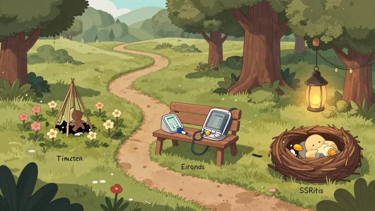 Pregnancy timeline as a path through three landscape zones: flower garden, tree nursery, and cozy nest with safe medications.