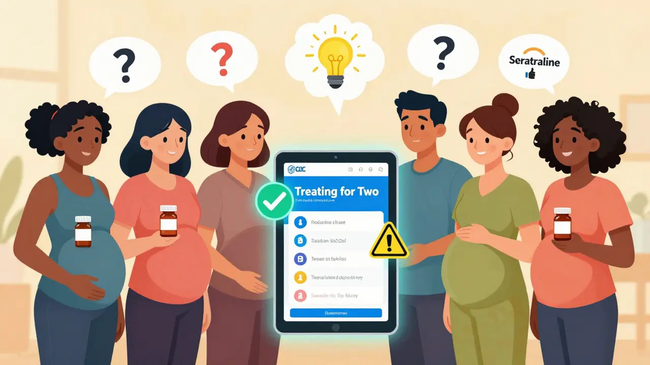 Pregnant people using a tablet app to check medication safety, with animated icons for safe and risky drugs.