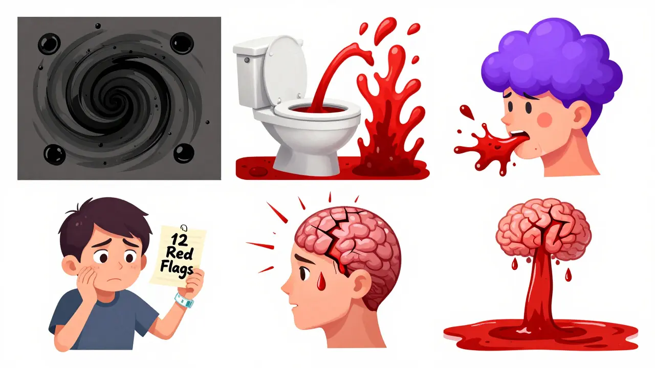 Six cartoon warning signs of severe bleeding floating around a patient with a fridge note listing red flags.
