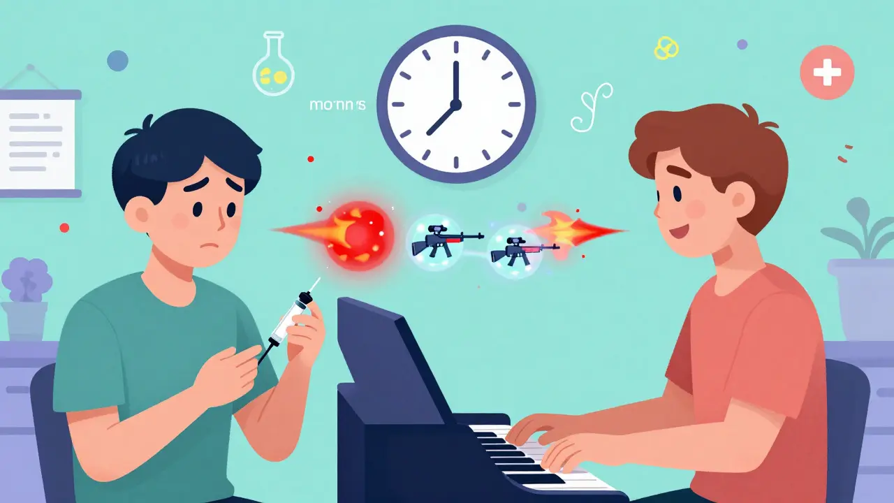 Split illustration showing a patient receiving a biologic injection on one side and playing piano happily on the other, with immune-targeting snipers in between.
