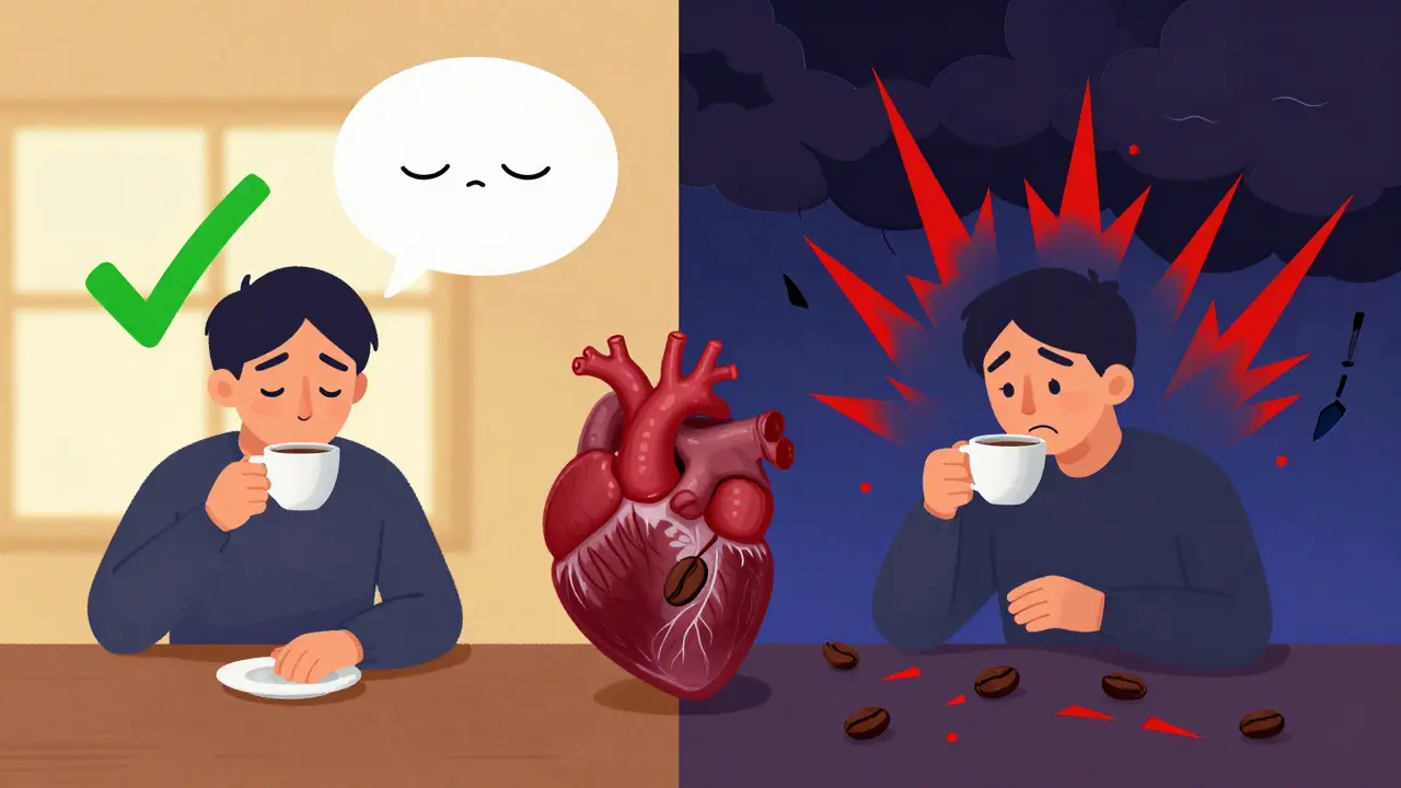 Split scene: one person calm after early coffee, another stressed after late coffee, with sleep clouds and caffeine spikes contrasting in color and form.