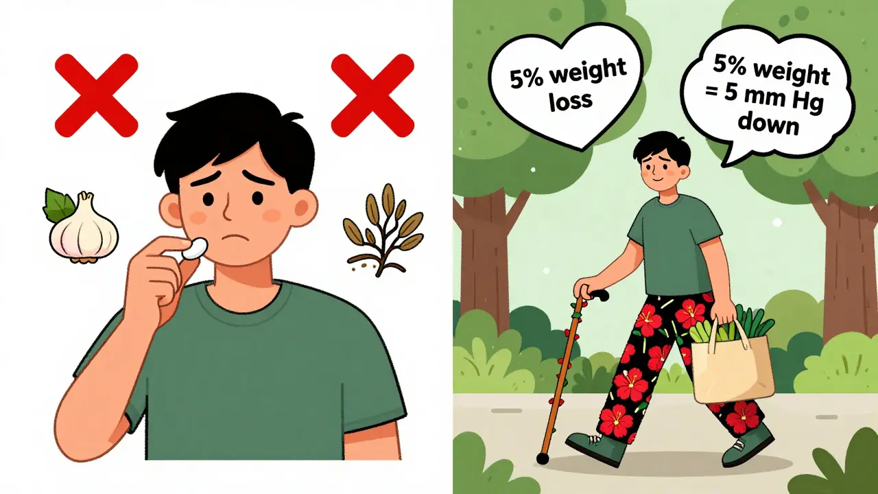 Split scene: person taking pill with warning symbols vs. same person walking happily with healthy foods and weight loss symbol.