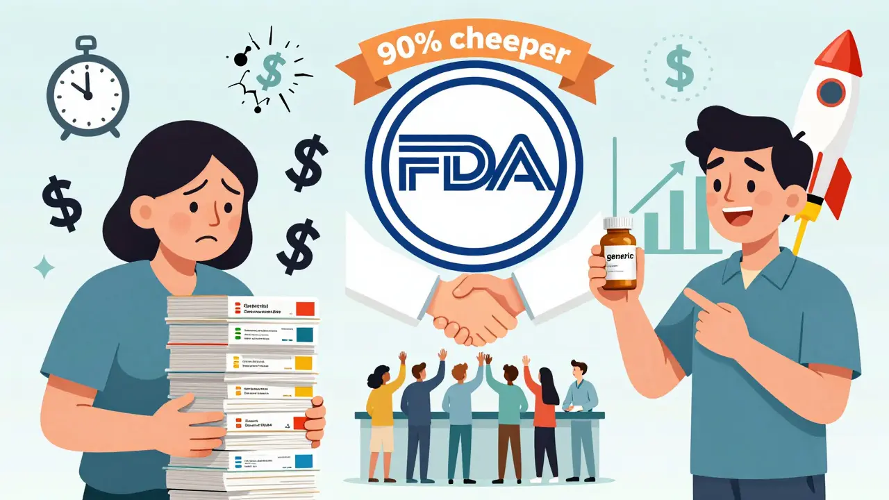 Split scene: worried patient with expensive prescriptions vs. smiling patient with generic pill and rising savings graph.