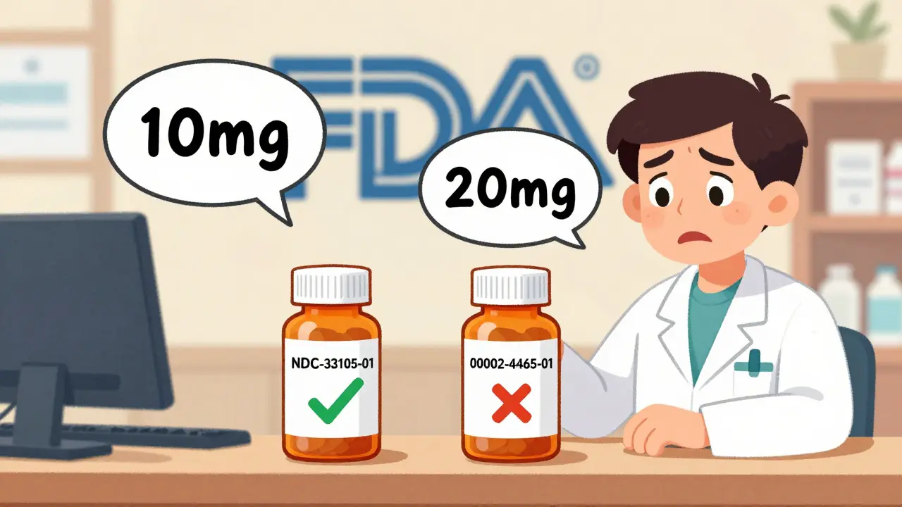 Two identical pill bottles with different NDC codes, technician comparing them with speech bubbles showing 10mg and 20mg.