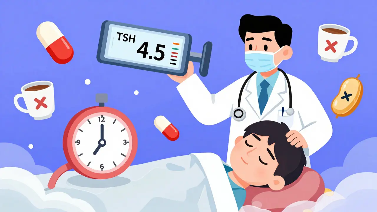 A doctor and patient with a TSH meter and levothyroxine pill, surrounded by absorption-interfering items.