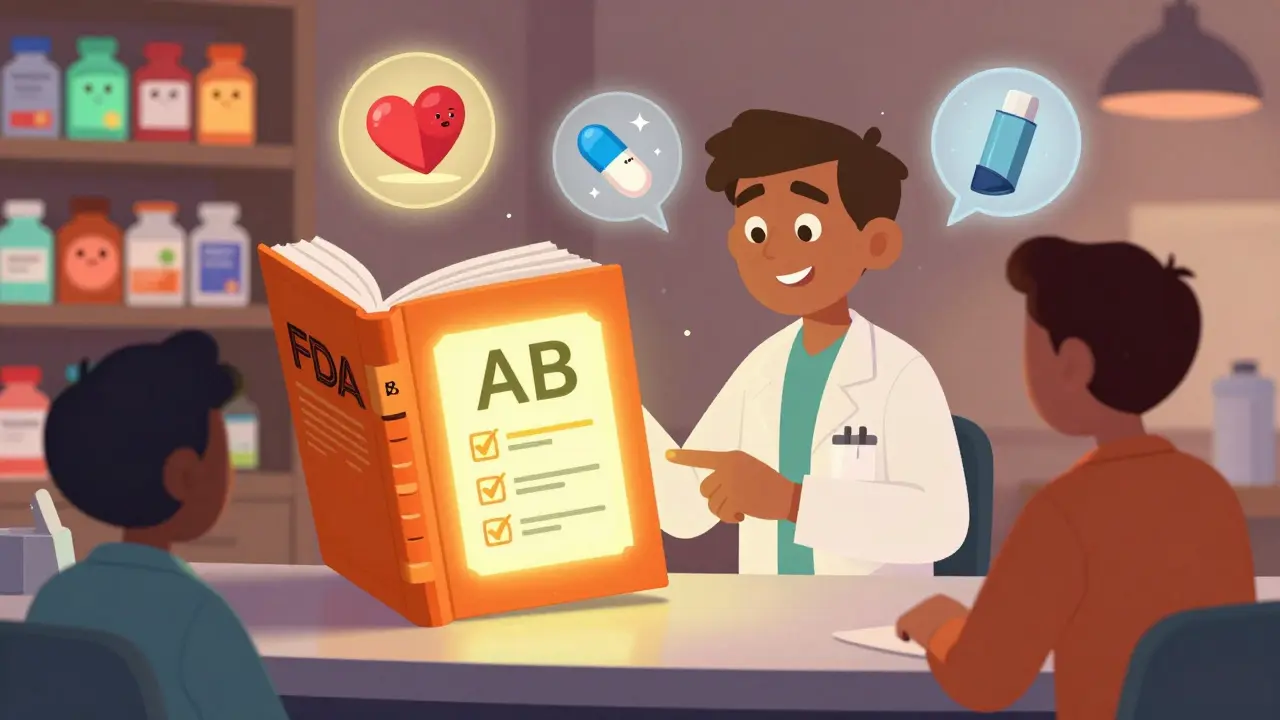 A pharmacist showing a glowing FDA Orange Book with AB and BX ratings, surrounded by floating drug icons.