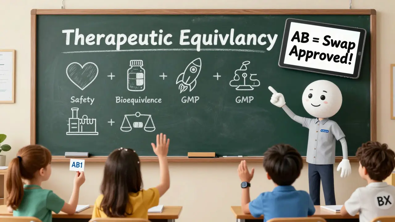 Cartoon FDA teacher explaining therapeutic equivalence criteria with pill students and AB1/BX labels.