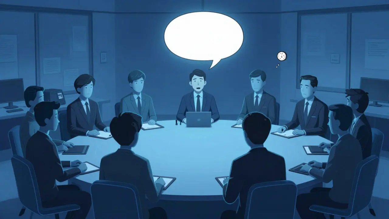 Colleagues in a silent meeting, one speaking while others avoid eye contact, glowing pressure around them.