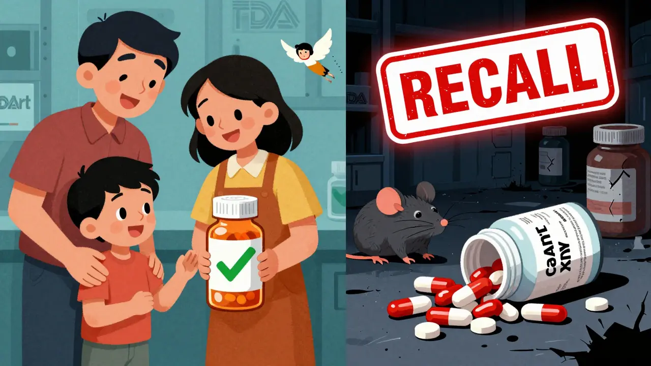 Contrast between safe medicine for a family and a dirty warehouse of fake drugs under a recall stamp