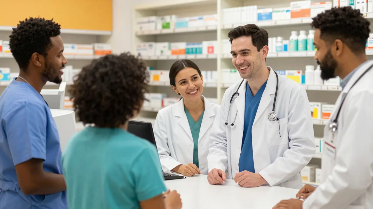 Diverse healthcare professionals collaborating with patient in pharmacy setting