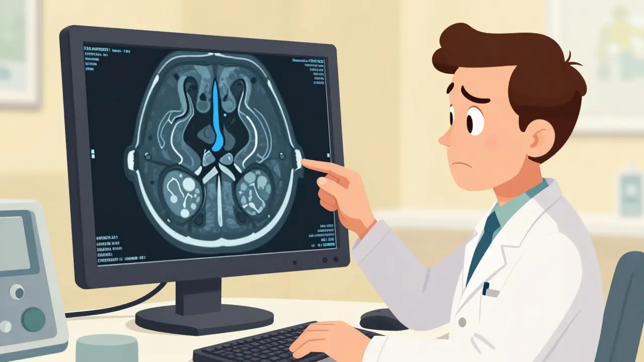 Doctor reviewing MRCP scan of blocked bile ducts