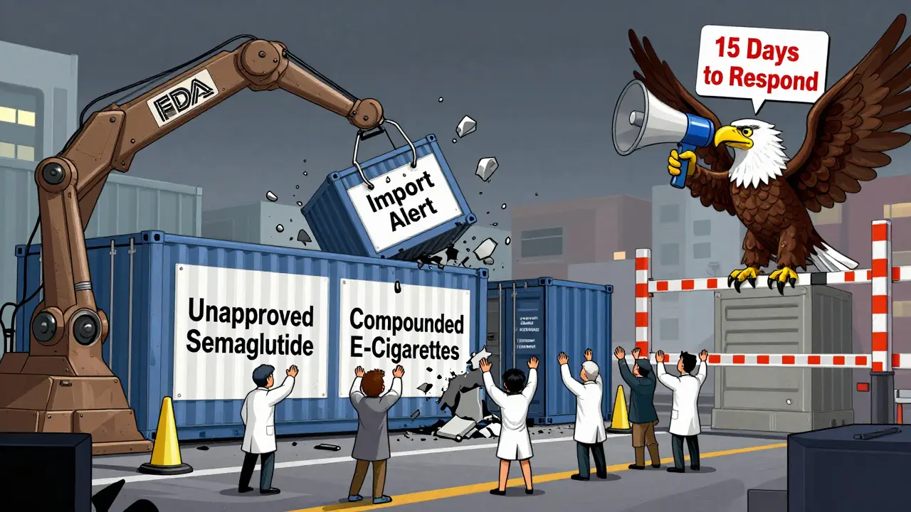 FDA blockading imported products at a border checkpoint with giant seals and a warning megaphone