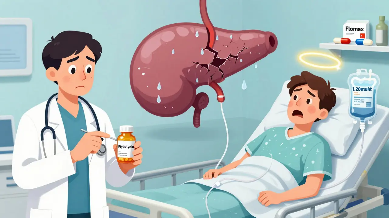 Man in ER with catheter as anticholinergic pill floats behind him, alpha-blockers glow on shelf.