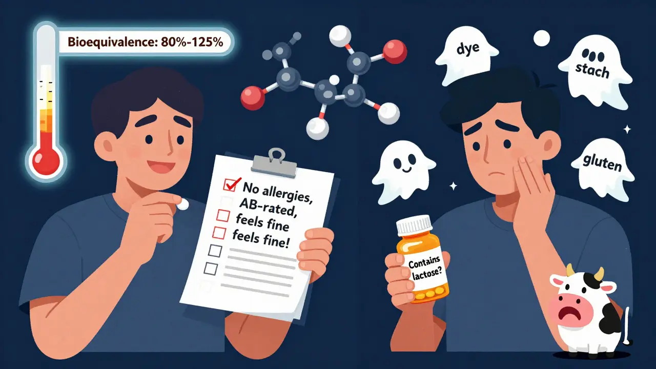 One person happy taking a generic pill, another confused by hidden lactose, with playful molecular and filler illustrations.