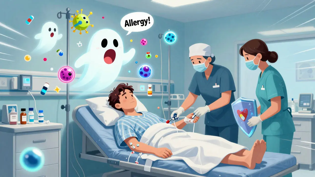 Patient receiving chemotherapy with cartoon drug molecules reacting, nurses using steroid shields to prevent allergy.