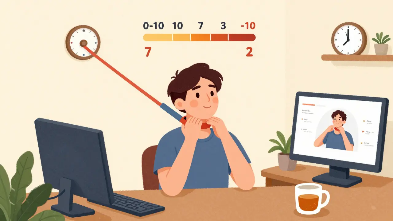 Person doing chin tucks at a desk with pain scale dropping from 7 to 2, using a resistance band and watching a tutorial.