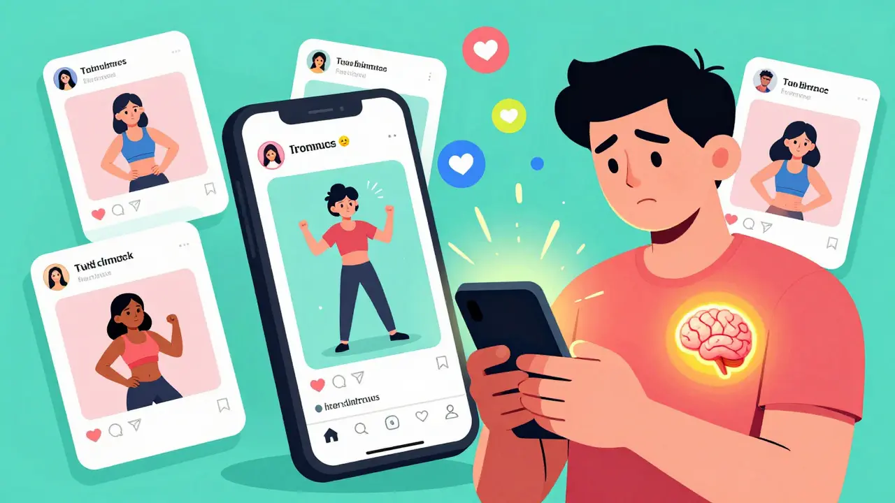 Person scrolling phone surrounded by friends' posts, reflection shows them doing the trend, brain glowing.