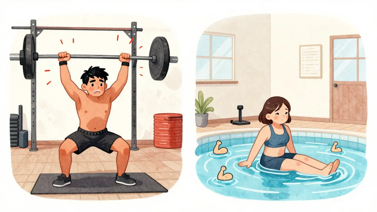 Side-by-side comparison of painful high-intensity exercise vs. calming water aerobics for pain relief.