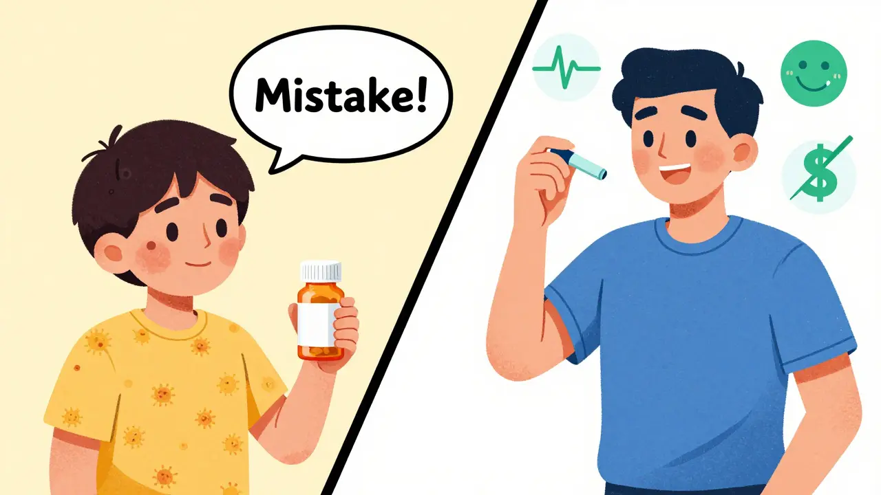 Split scene: child with rash from virus vs. adult safely taking penicillin, with medical icons showing correction.