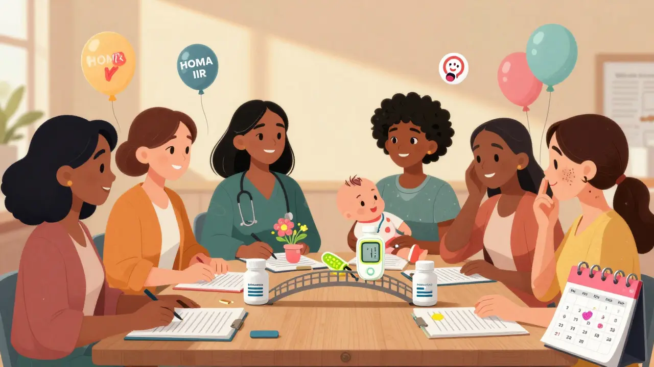A group of women celebrate as metformin connects them to blooming ovaries, glowing meters, and a baby, with floating icons of improved health.