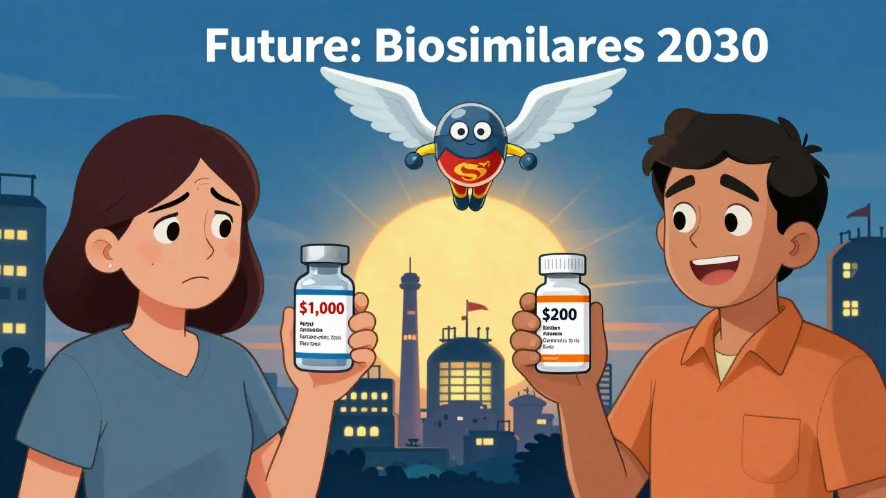 A patient switching from expensive branded insulin to affordable Indian generic, with biosimilars soaring above.