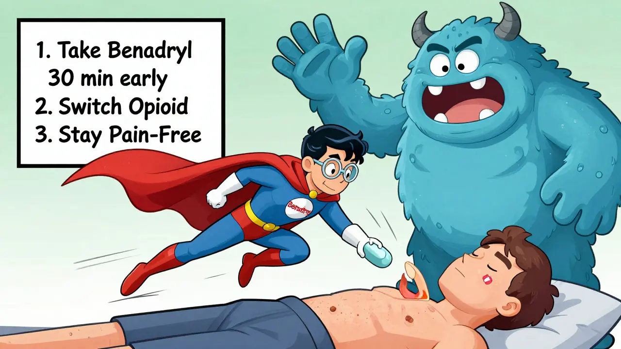 A superhero antihistamine tablet blocking a histamine monster to save a patient from itching.