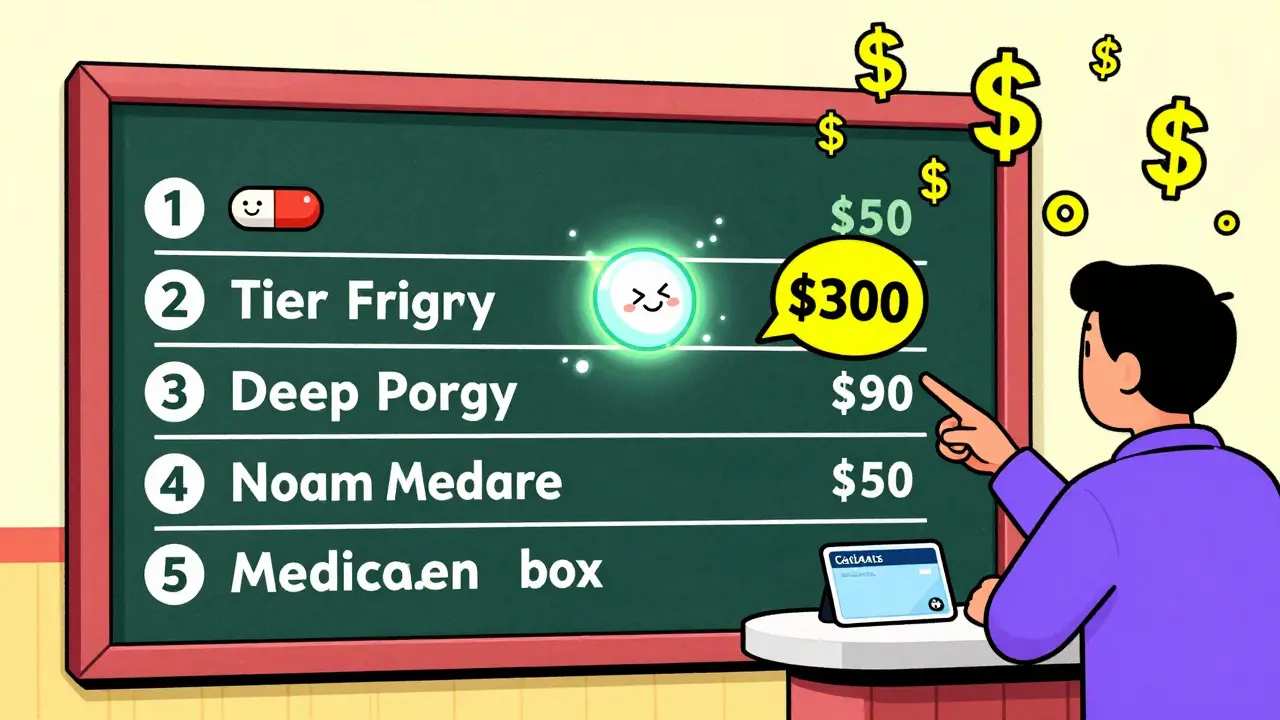 Five-tier drug formulary as a colorful diner menu with escalating costs and a Medicare card at the counter
