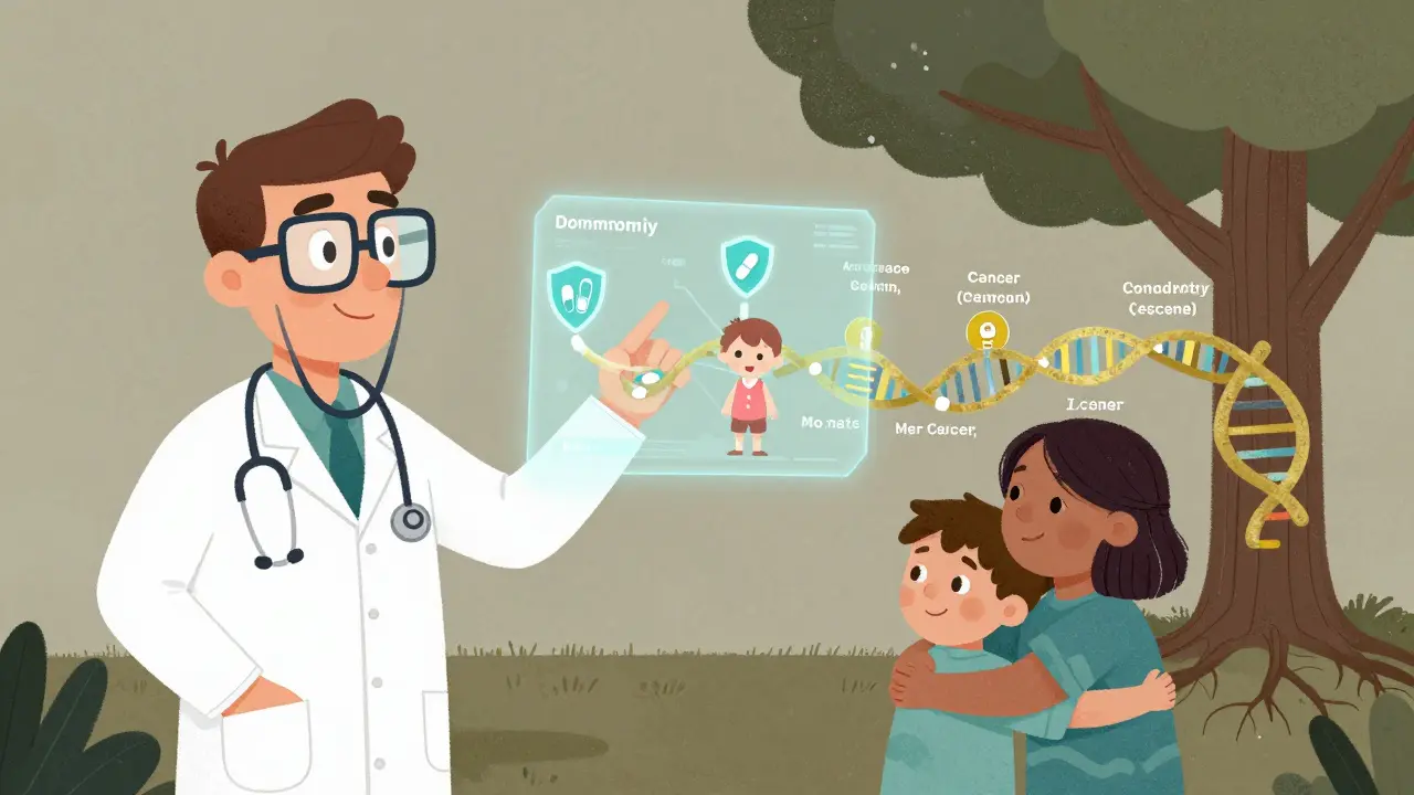 Genetic counselor shows a holographic timeline of cancer prevention steps for a child's future.