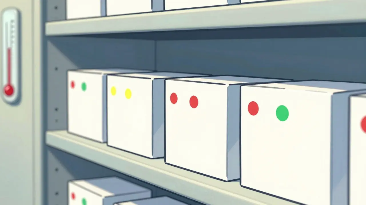 Medicine boxes on shelves with colored dots indicating expiration tracking.
