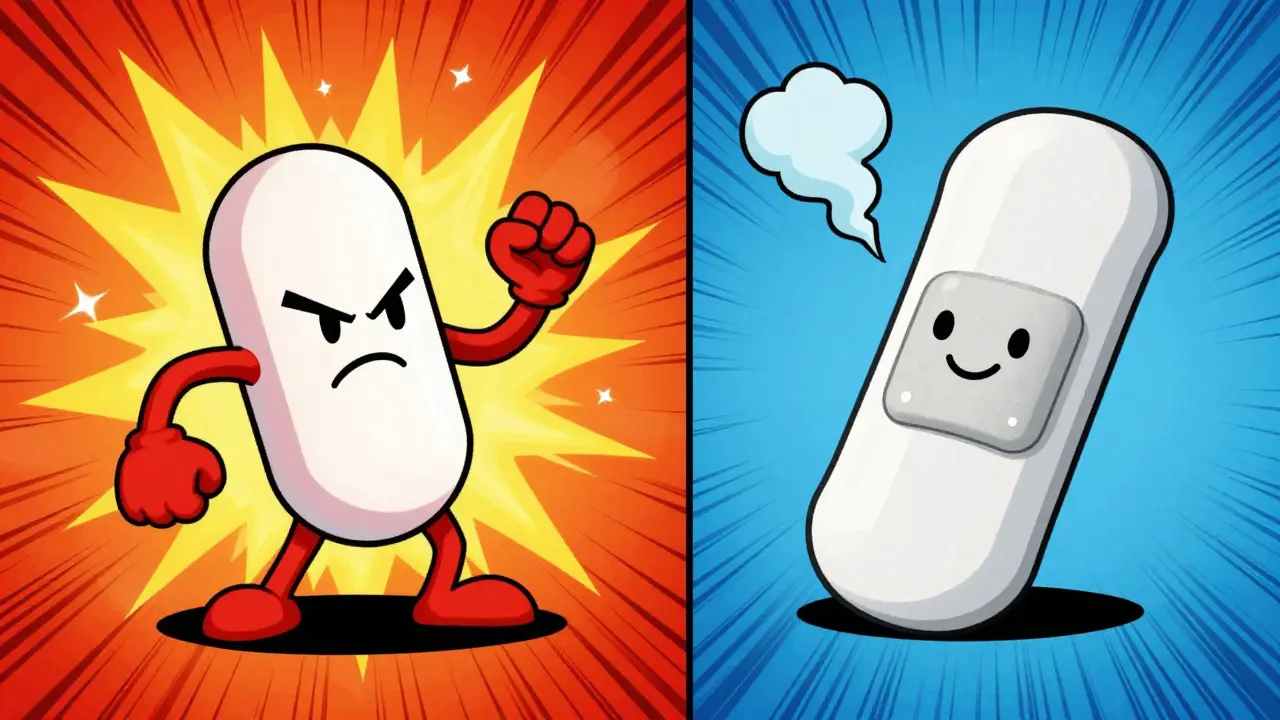 Morphine causing chaotic itching vs. fentanyl calmly preventing it, shown in colorful comic contrast.