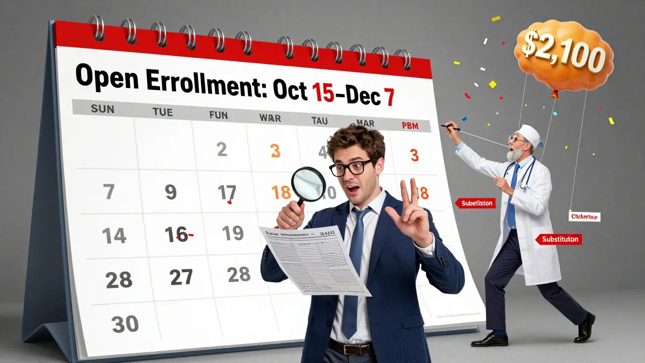 Patient examining formulary during Open Enrollment while floating substitution controls and cost cap balloon