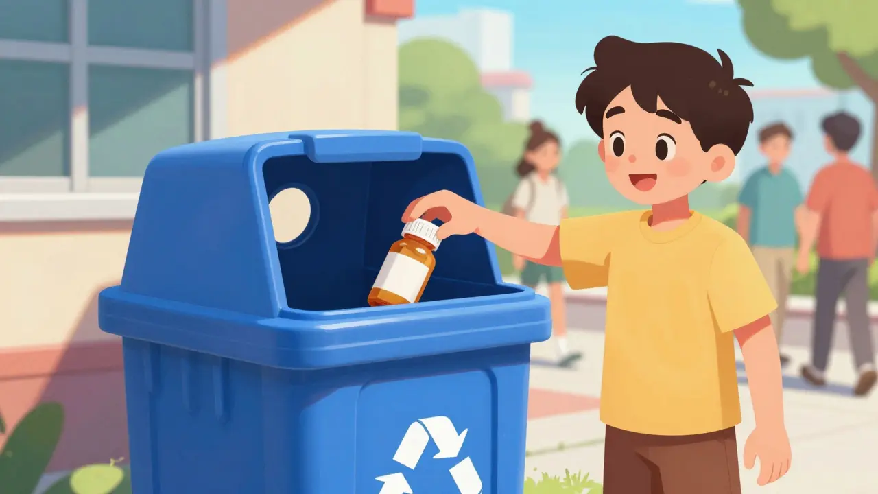 Person placing expired medicine into a secure community disposal bin.
