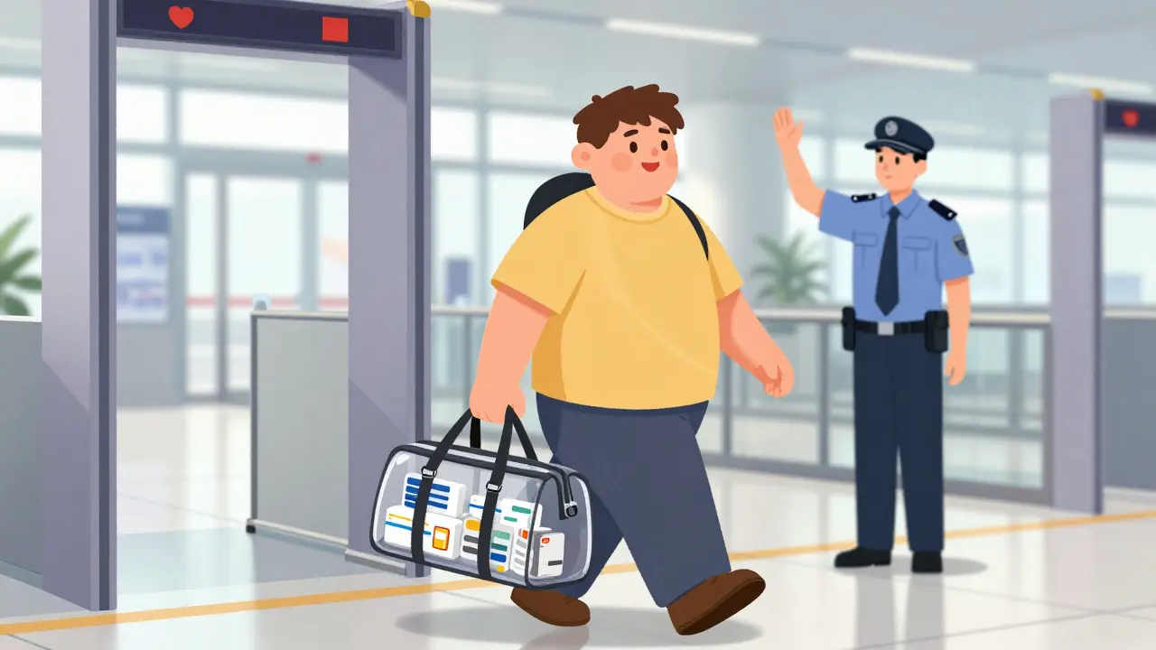 Relieved passenger with organized meds passing security