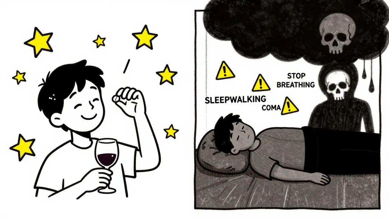 Split scene: cheerful pill-and-wine moment vs. deadly consequences with skull shadow and warning symbols.