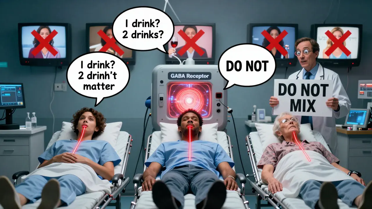 Three patients in ER connected to a glowing GABA receptor machine, with doctor holding 'DO NOT MIX' sign.