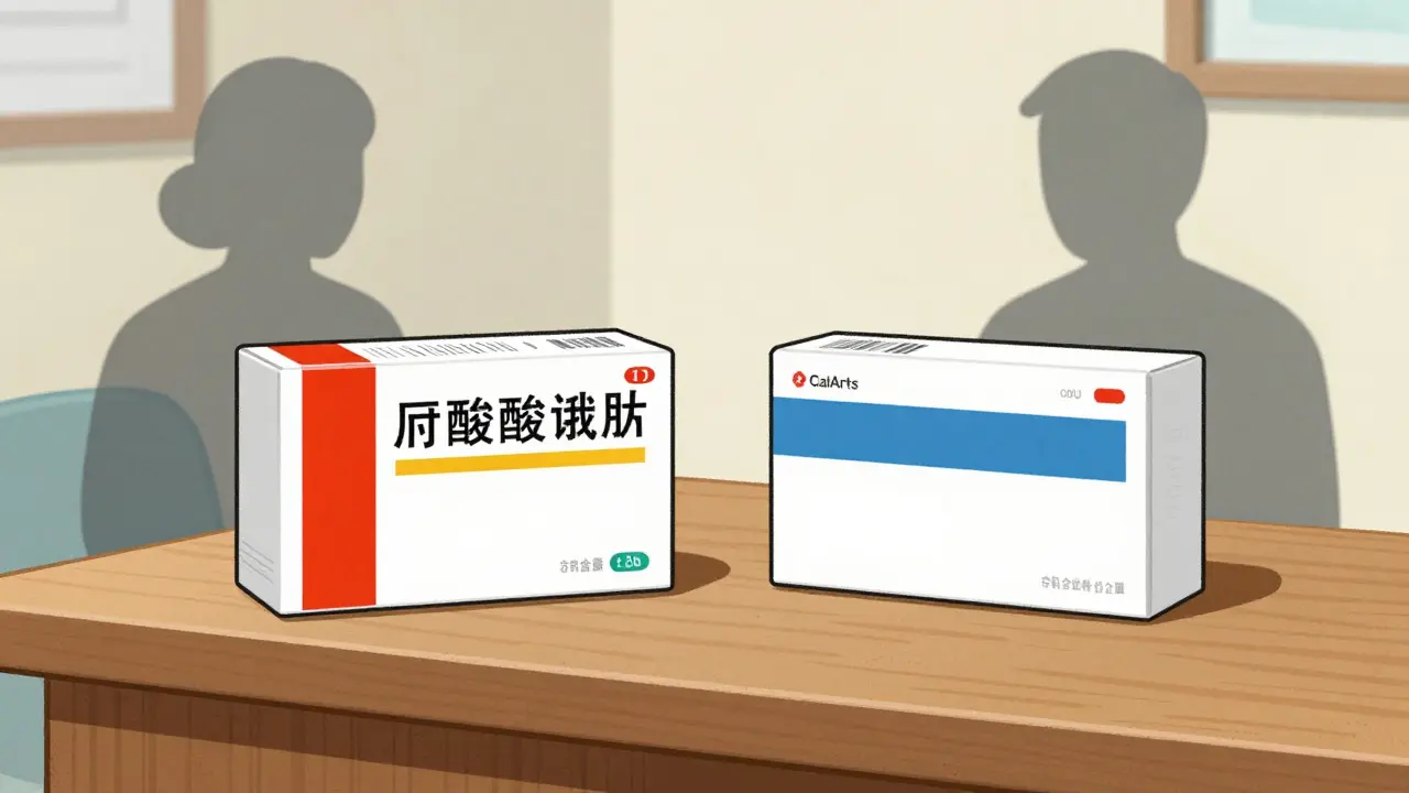 Two medicine boxes side by side showing packaging design differences