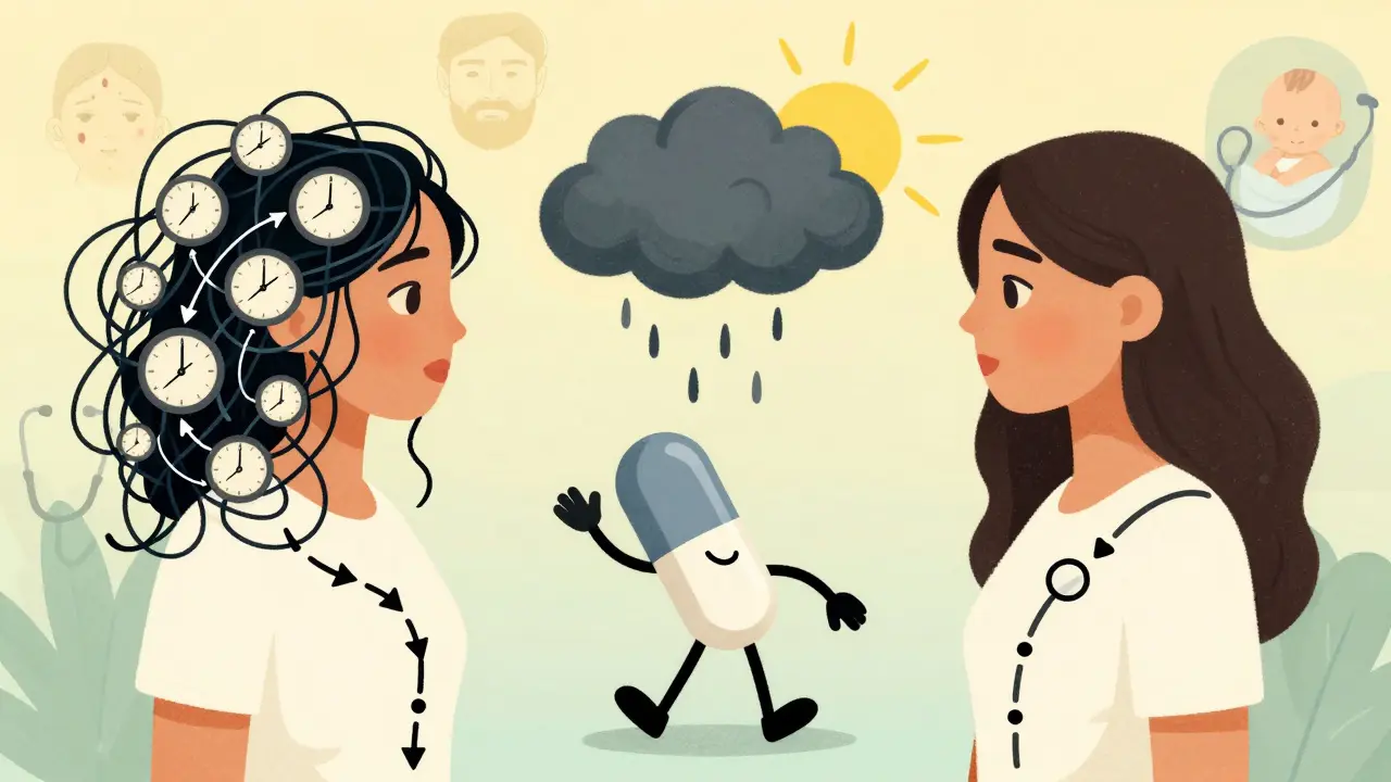 Two women side by side: one with a chaotic cycle, the other with a smooth one, guided by a friendly metformin pill turning clouds into sunlight.