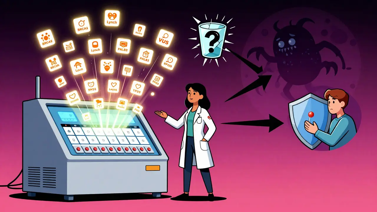 Woman beside a multigene testing machine, with harmful and preventive paths shown as contrasting icons.