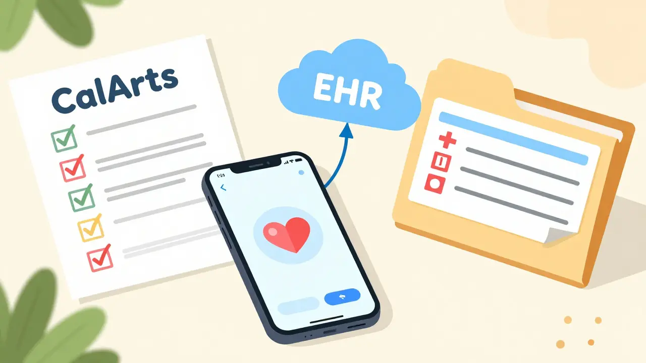 A collection of health tracking tools including a notebook, a smartphone app, and a cloud icon.