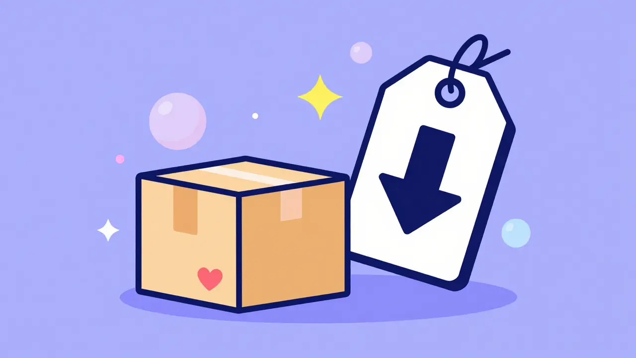 A delivery package and a discount price tag symbolizing affordable medicine