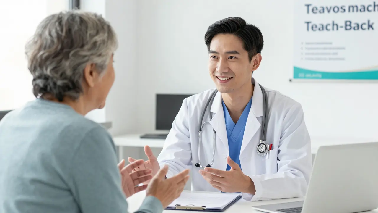A doctor and older patient practicing the teach-back method in a friendly clinic setting.
