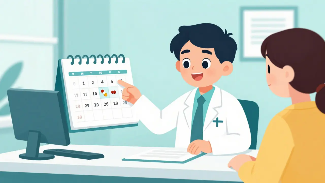 A doctor showing a patient a 14-day washout period on a calendar in a bright clinic.