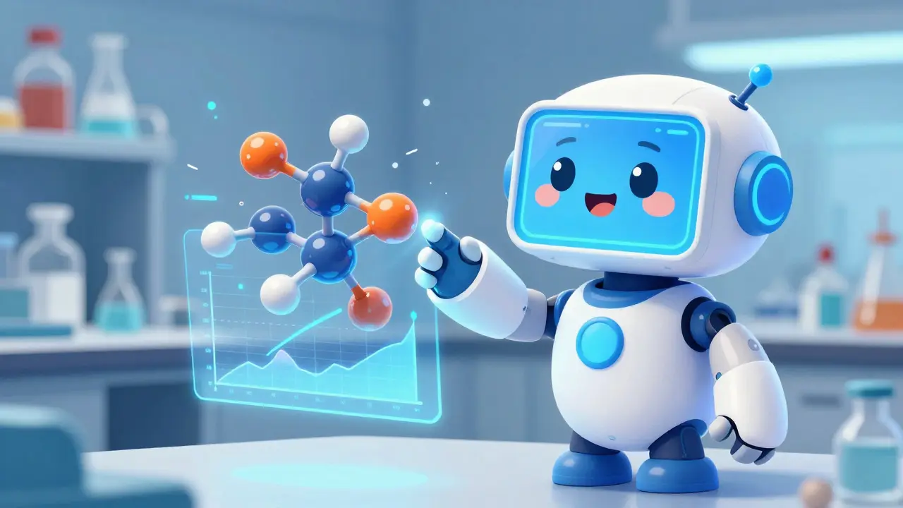 A friendly AI robot analyzing holographic drug data and molecular structures in a modern lab.