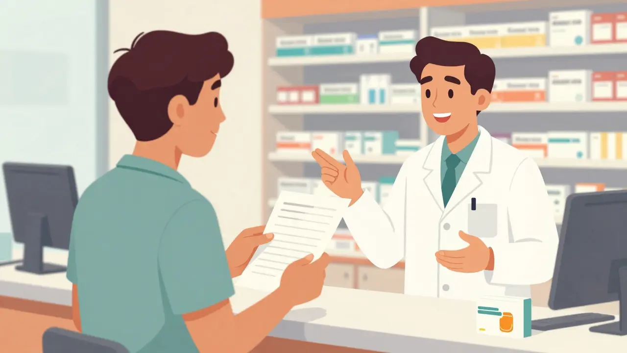 A person talking to a pharmacist about switching to more affordable generic medications.