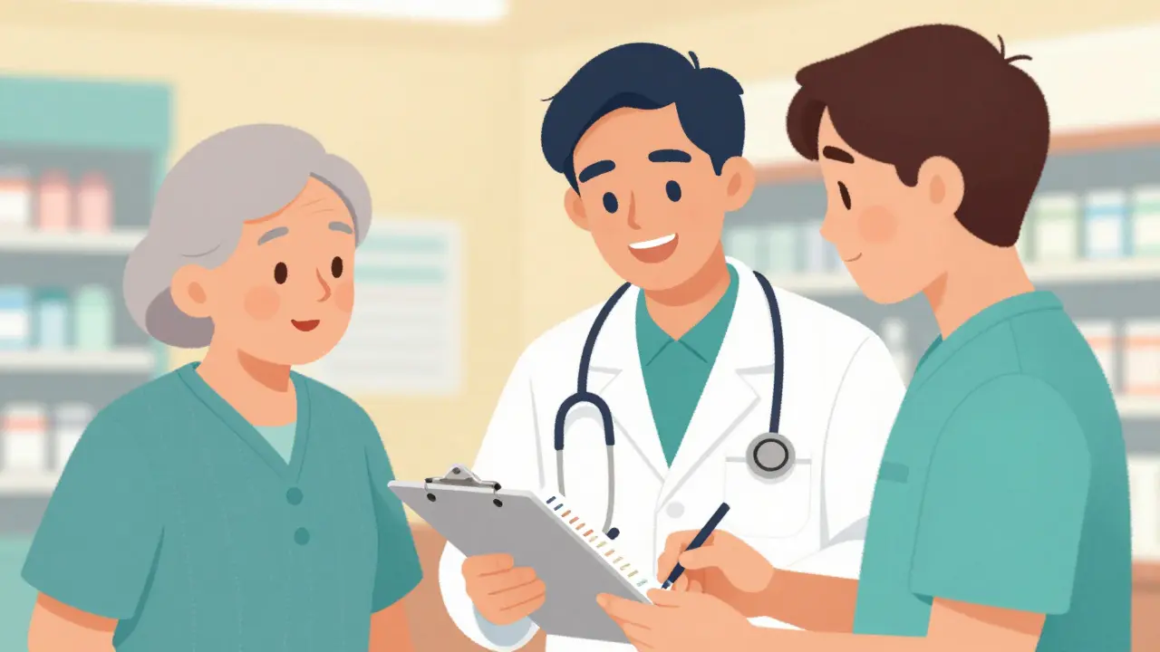 A pharmacist and caregiver reviewing a medication list with an elderly patient.