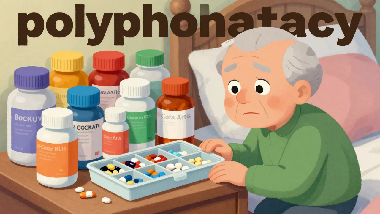 An elderly person looking confused by many different pill bottles on a bedside table.